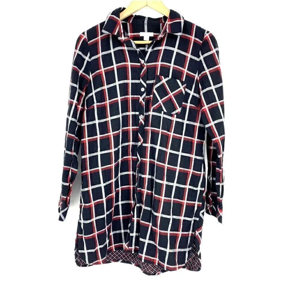 J Jill Shirt Size Small Womens Black Red Plaid Long Sleeve Tunic Top Pockets